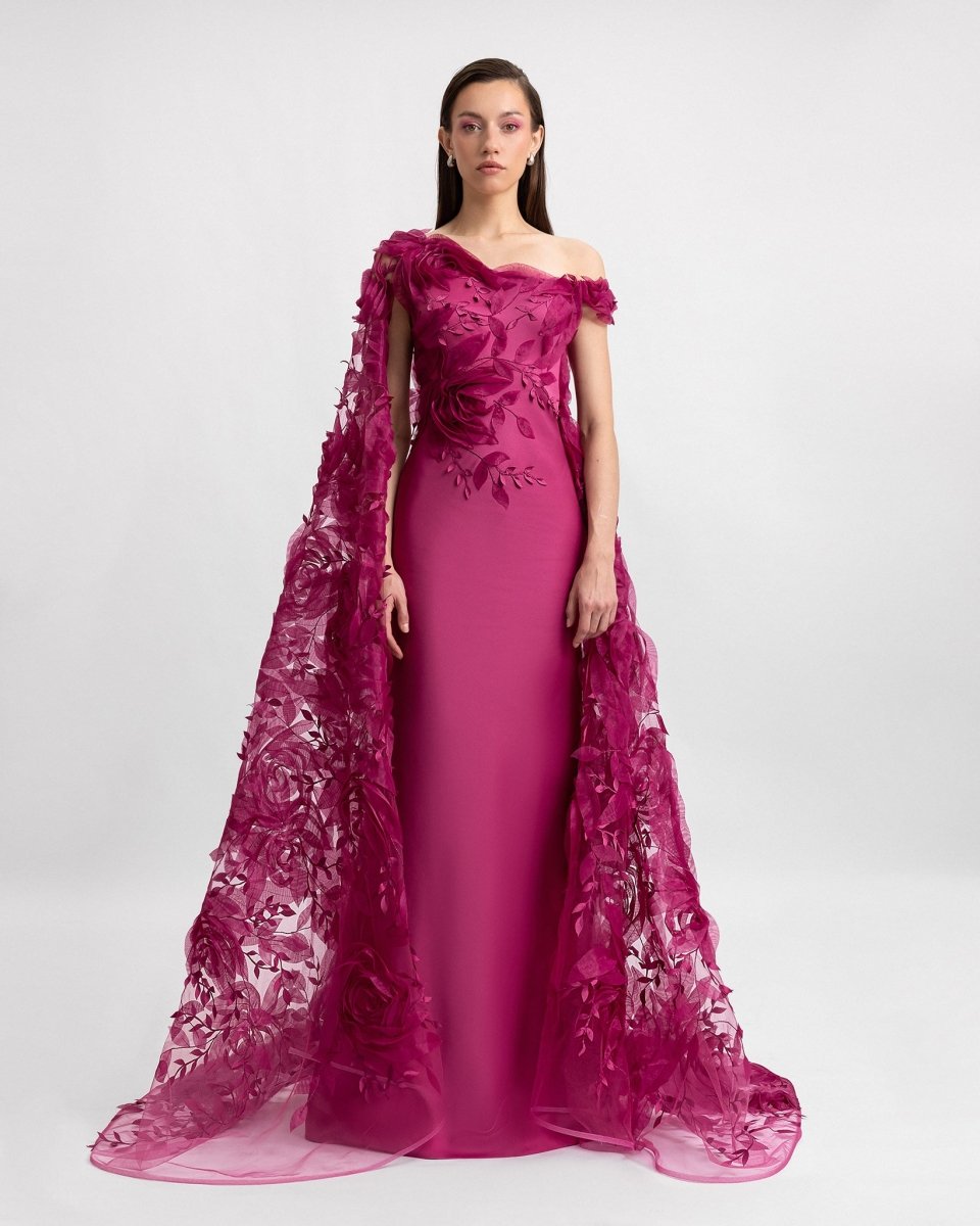 Asymmetrical Dress with Floral Cape - Gemy Maalouf