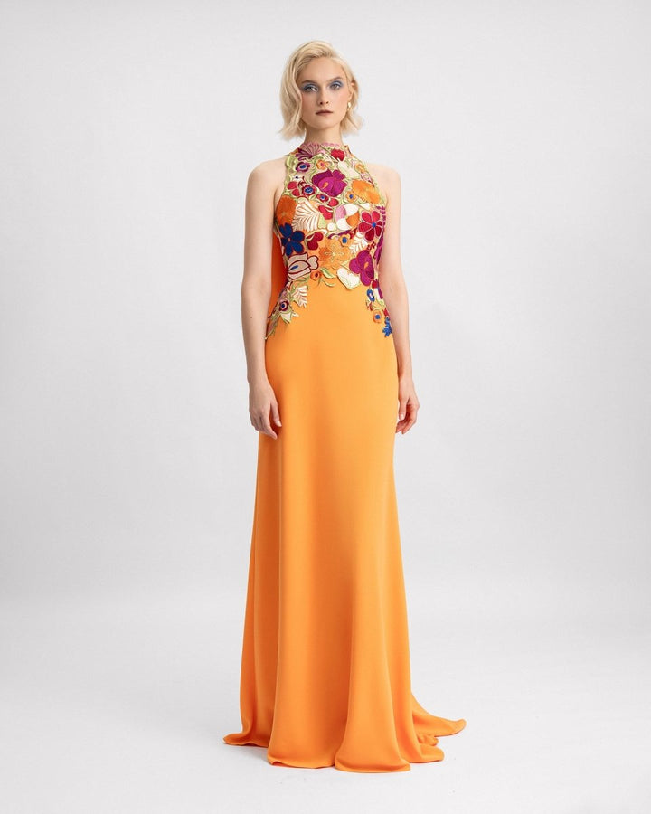 Halter Neckline Dress with Floral Corset - Gemy Maalouf