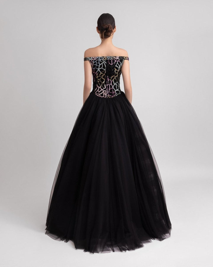 Off - Shoulder Dress with a Back Overskirt - Gemy Maalouf