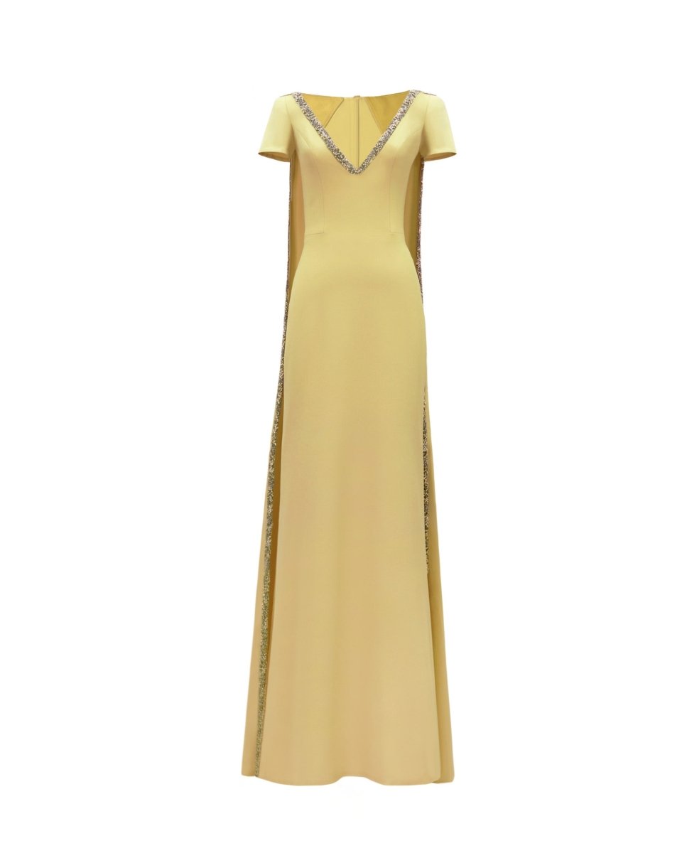 Beaded V - Neckline Dress with Cape - Gemy Maalouf