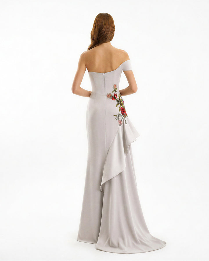 Asymmetrical Off-Shoulder Embroidered Dress