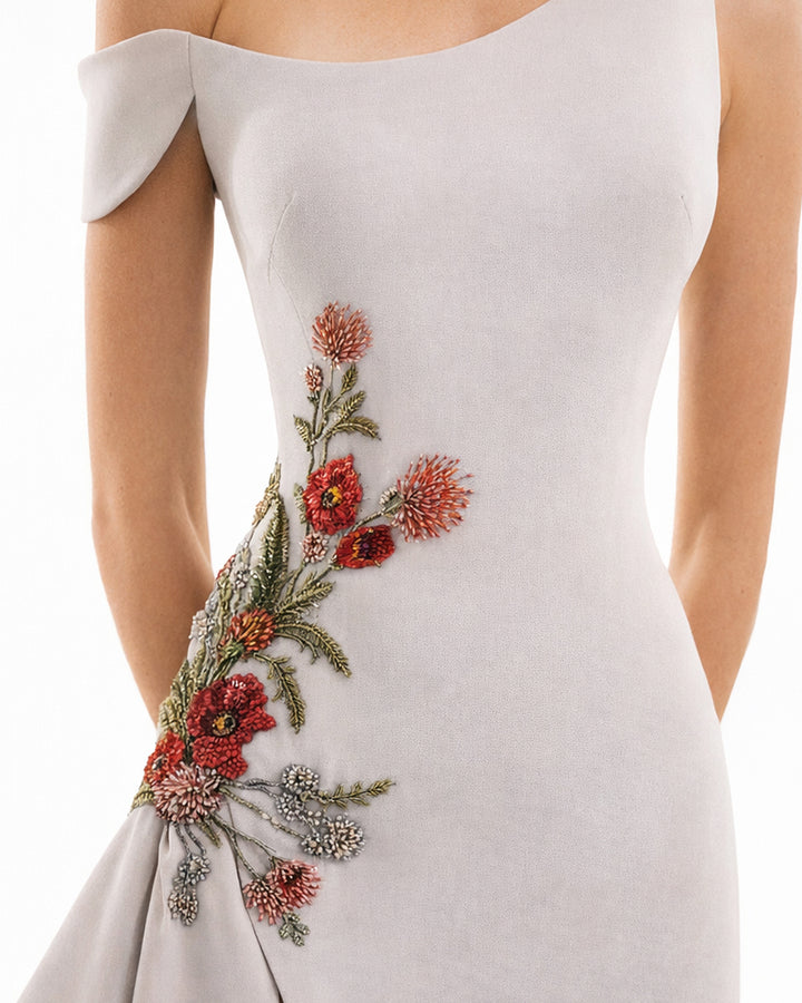 Asymmetrical Off-Shoulder Embroidered Dress