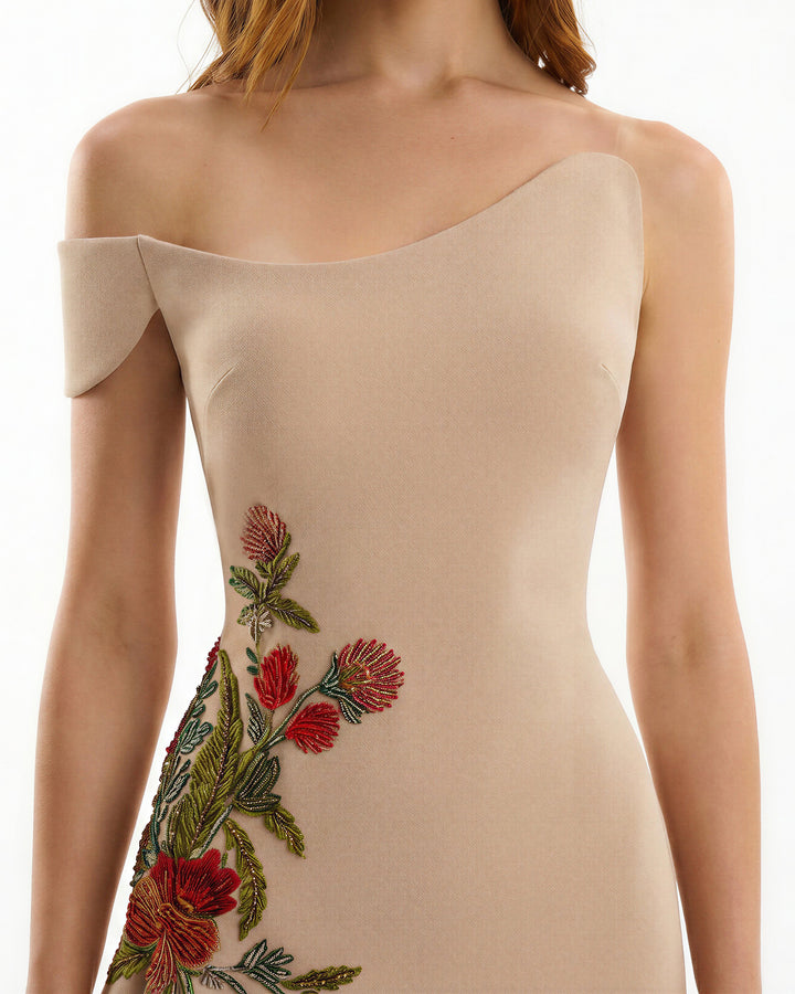 Asymmetrical Off-Shoulder Embroidered Dress