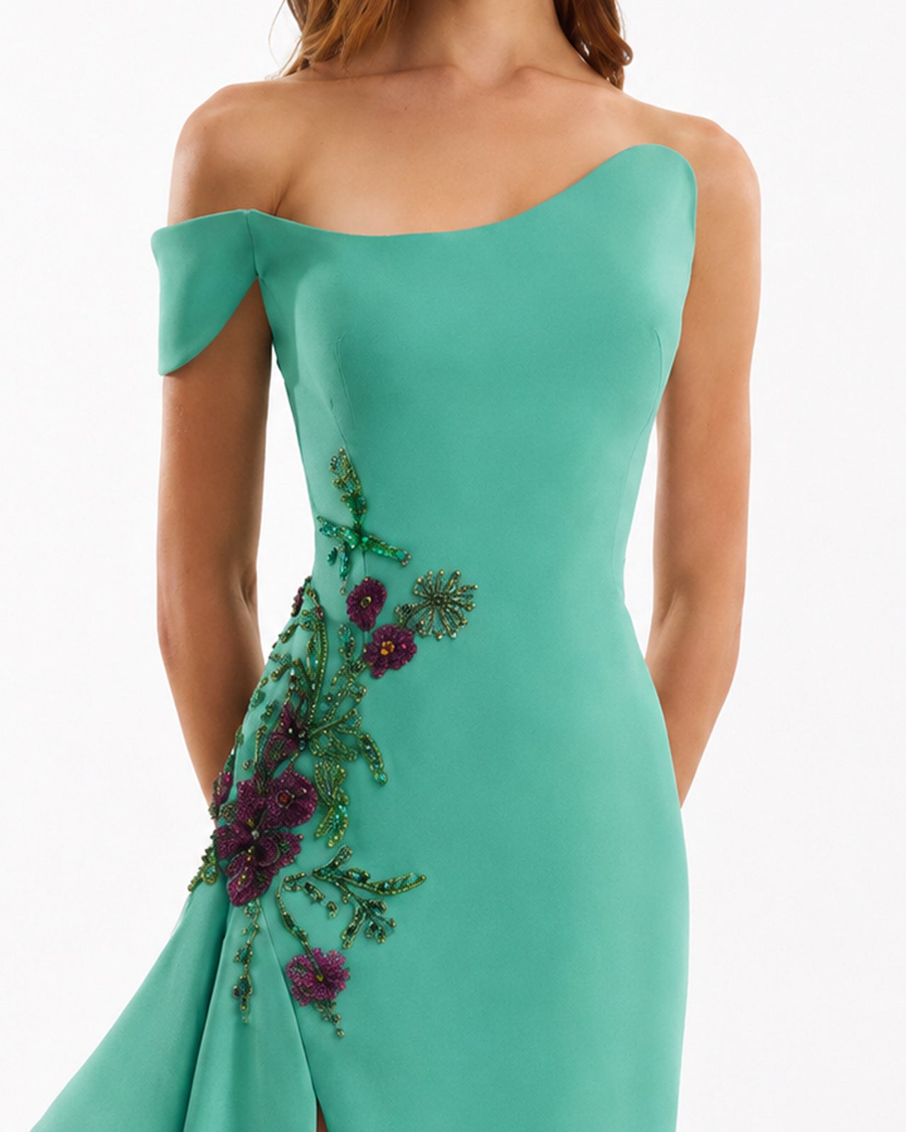 Asymmetrical Off-Shoulder Embroidered Dress