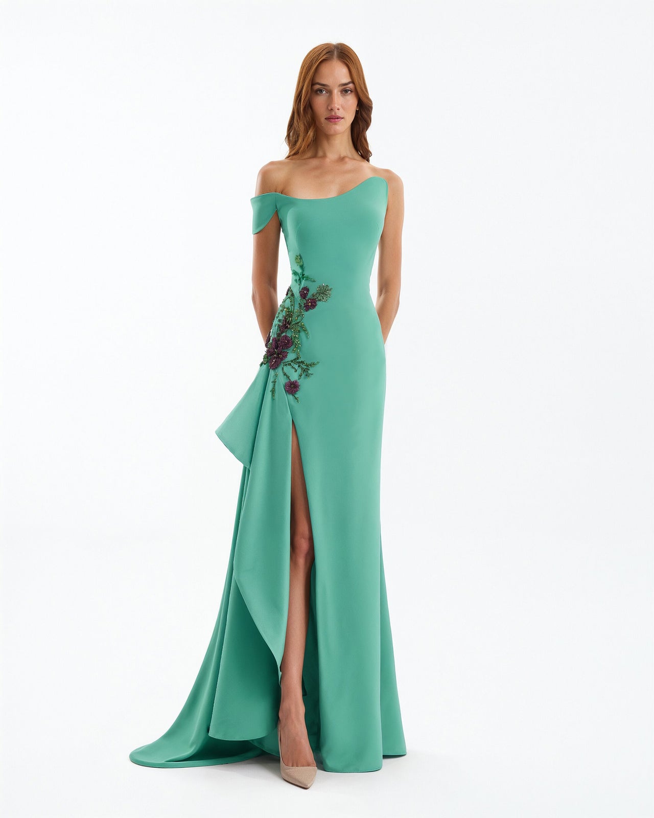 Asymmetrical Off-Shoulder Embroidered Dress