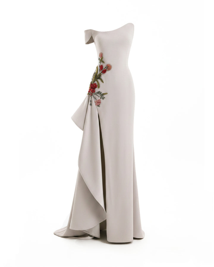 Asymmetrical Off-Shoulder Embroidered Dress