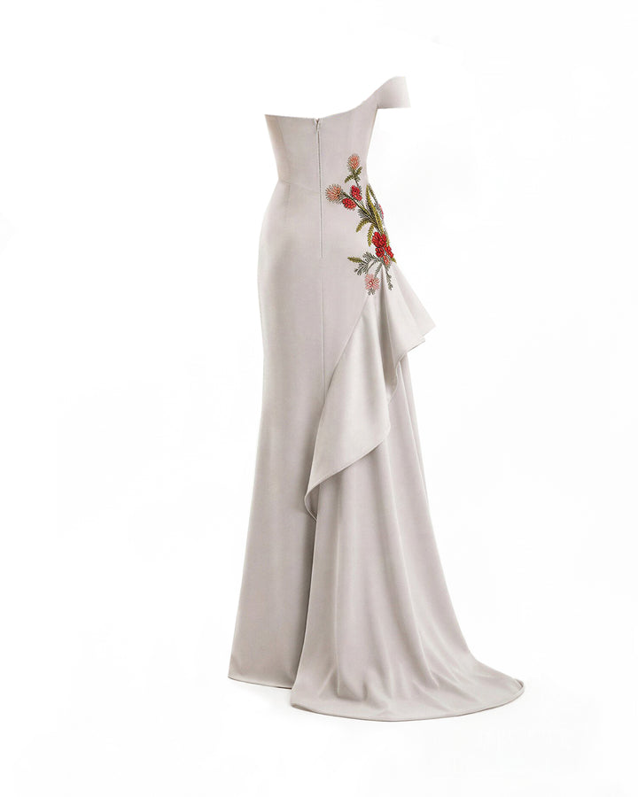 Asymmetrical Off-Shoulder Embroidered Dress