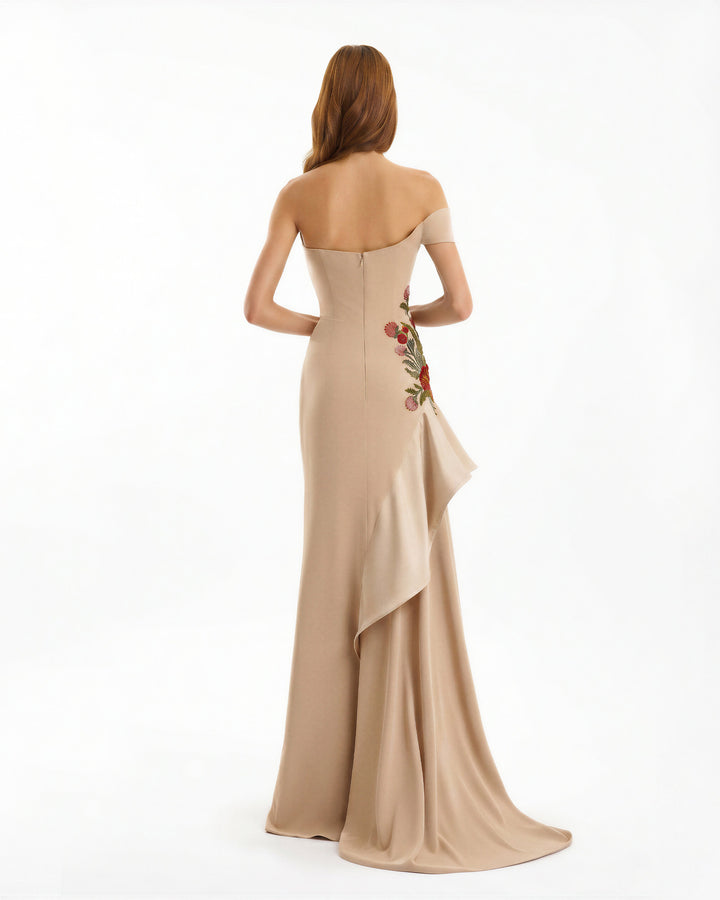 Asymmetrical Off-Shoulder Embroidered Dress