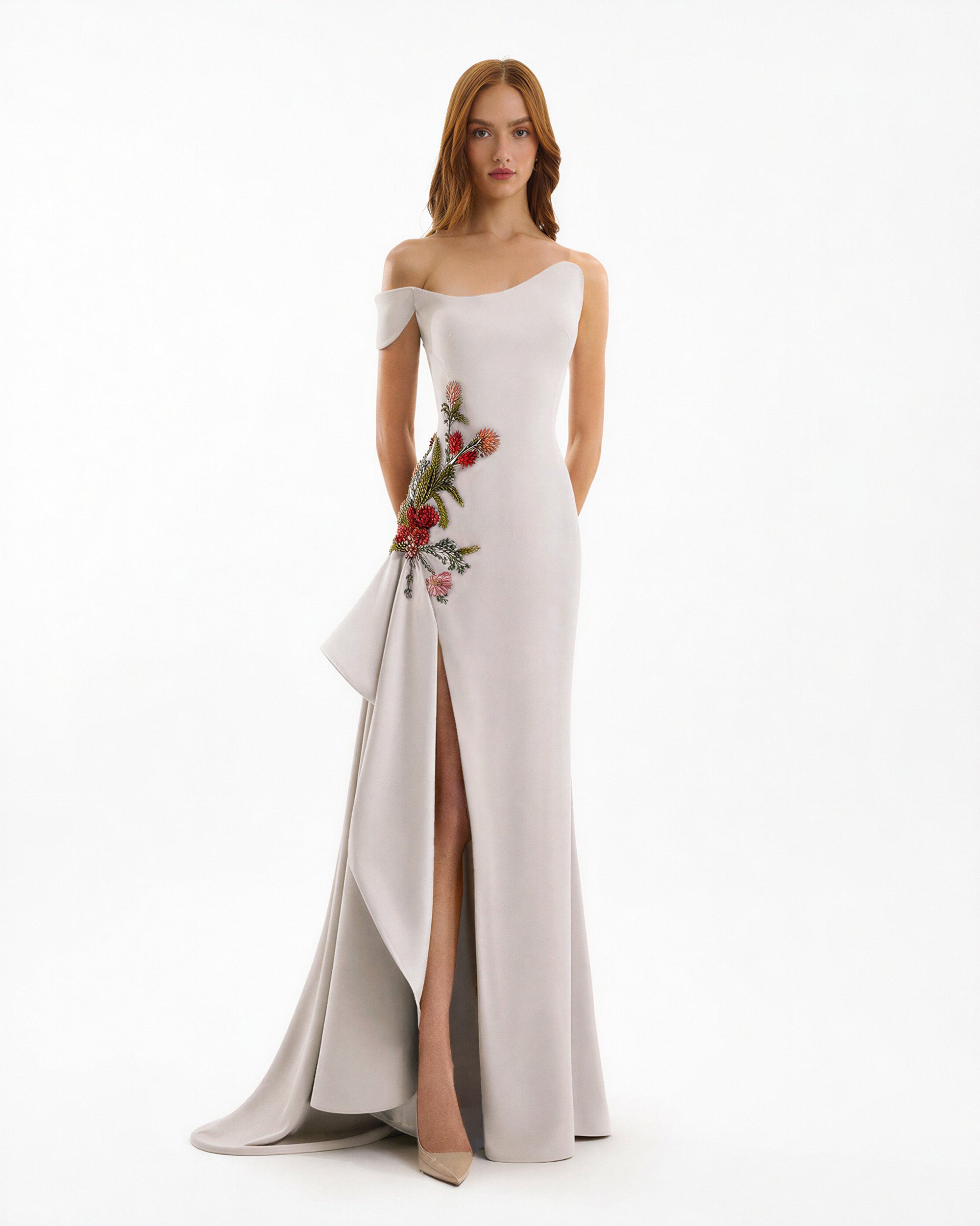 Asymmetrical Off-Shoulder Embroidered Dress