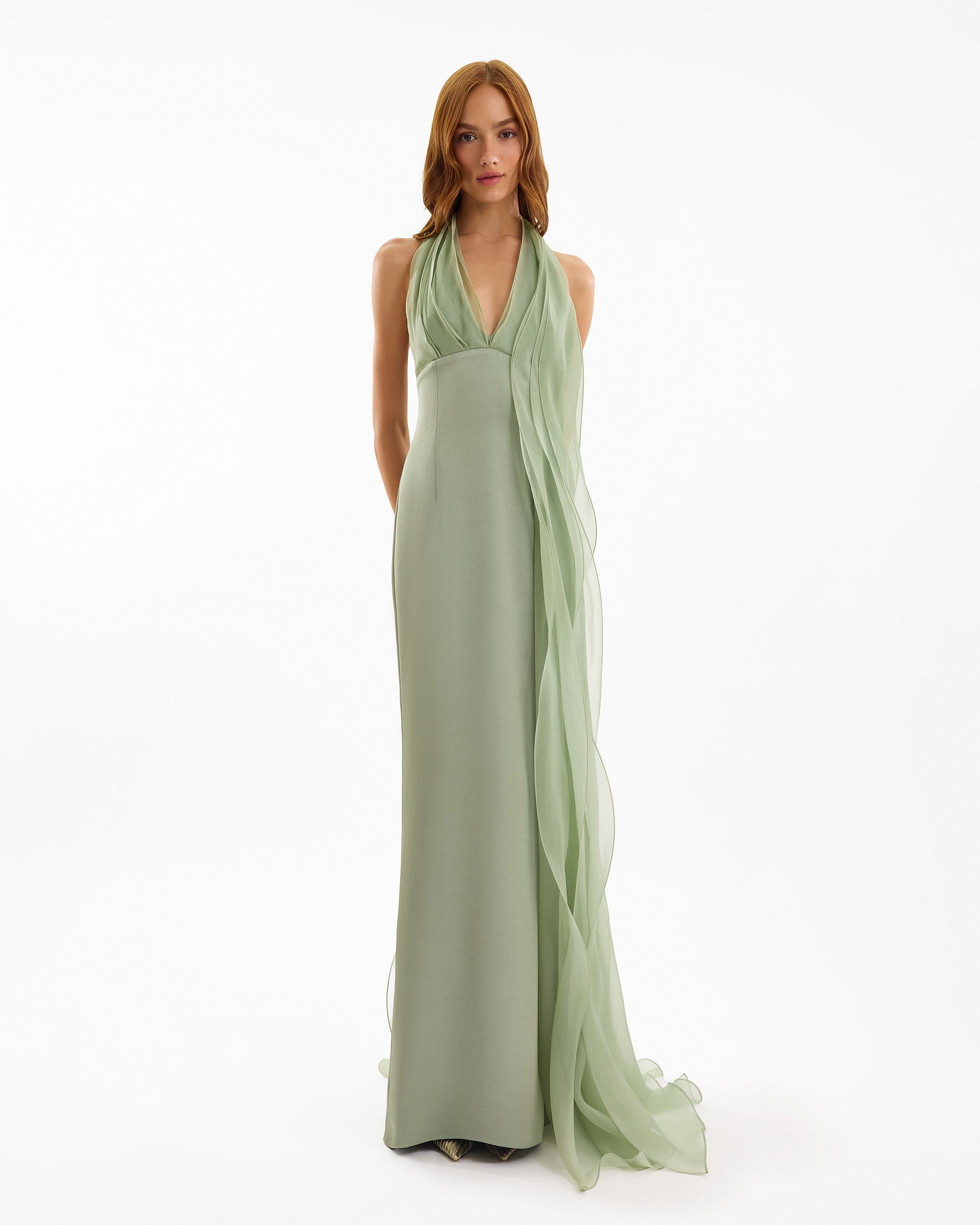 Draped Halter Dress with Organza Panels