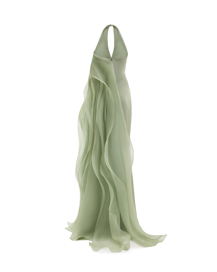 Draped Halter Dress with Organza Panels