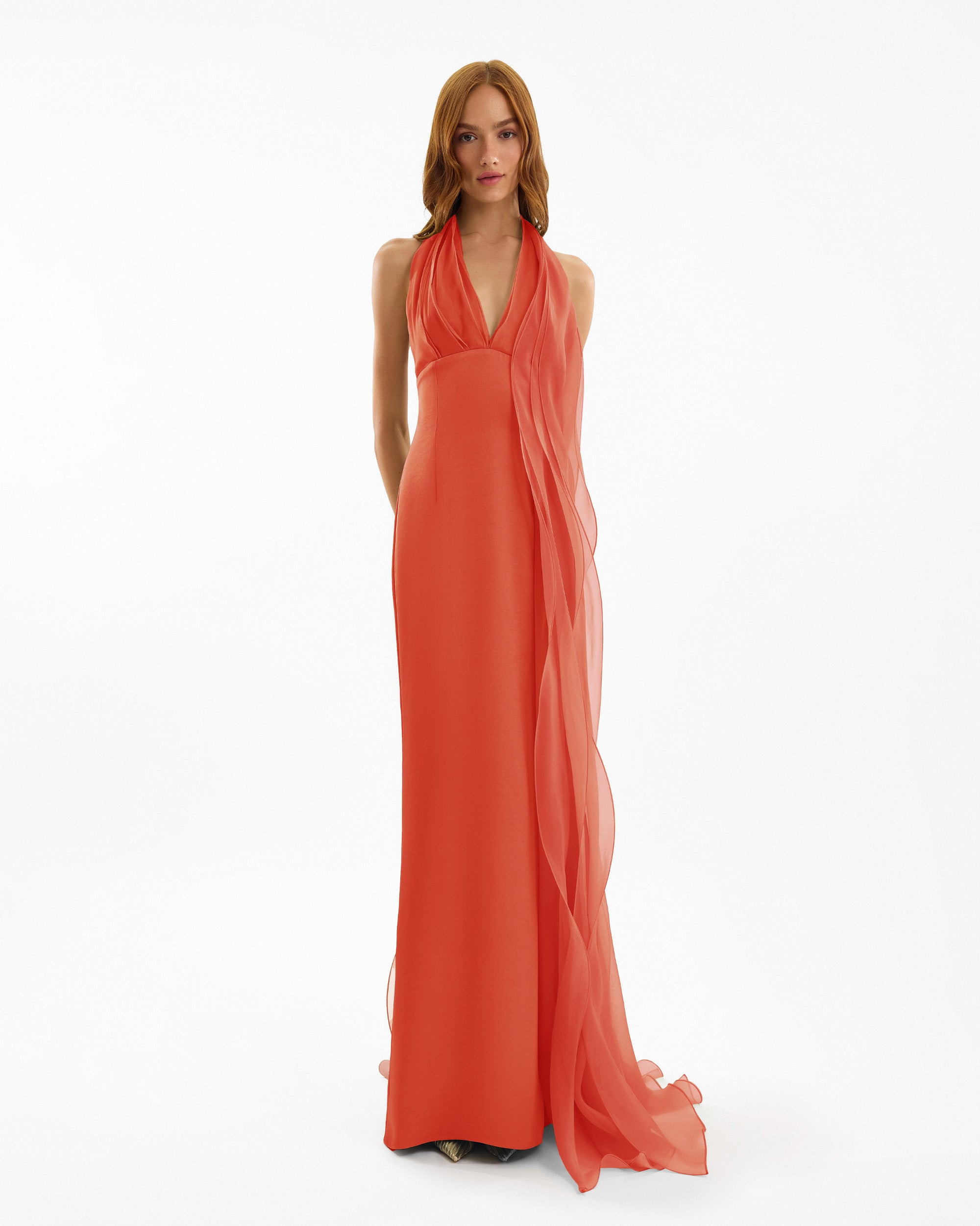 Draped Halter Dress with Organza Panels
