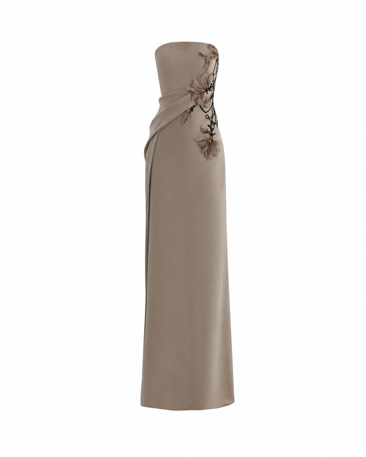 Strapless Draped Dress with Beaded Floral Detail