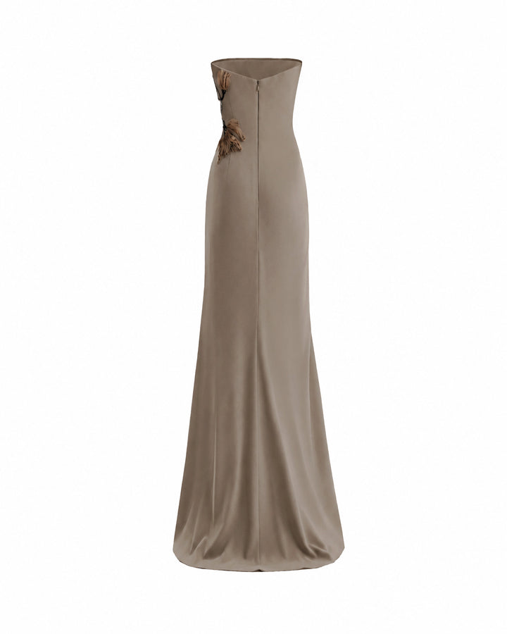 Strapless Draped Dress with Beaded Floral Detail