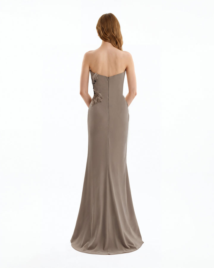 Strapless Draped Dress with Beaded Floral Detail