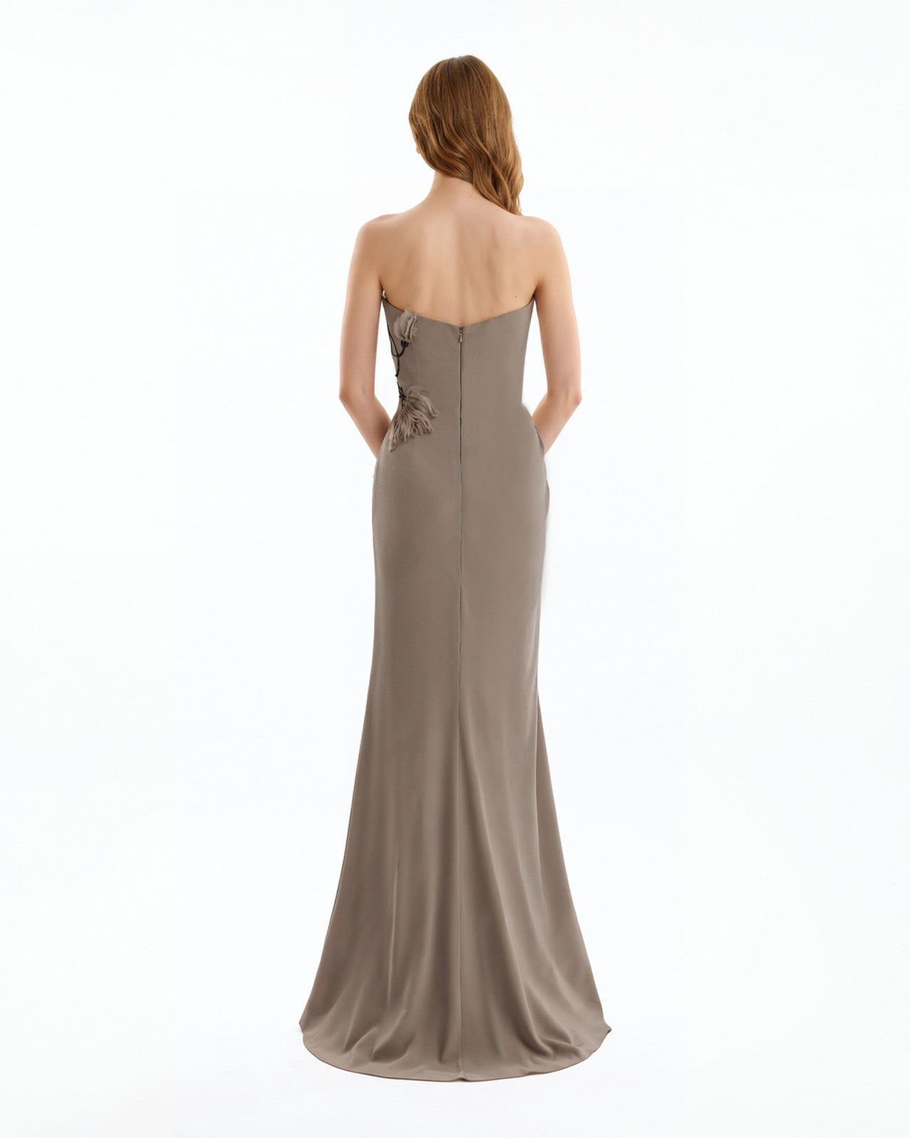 Strapless Draped Dress with Beaded Floral Detail
