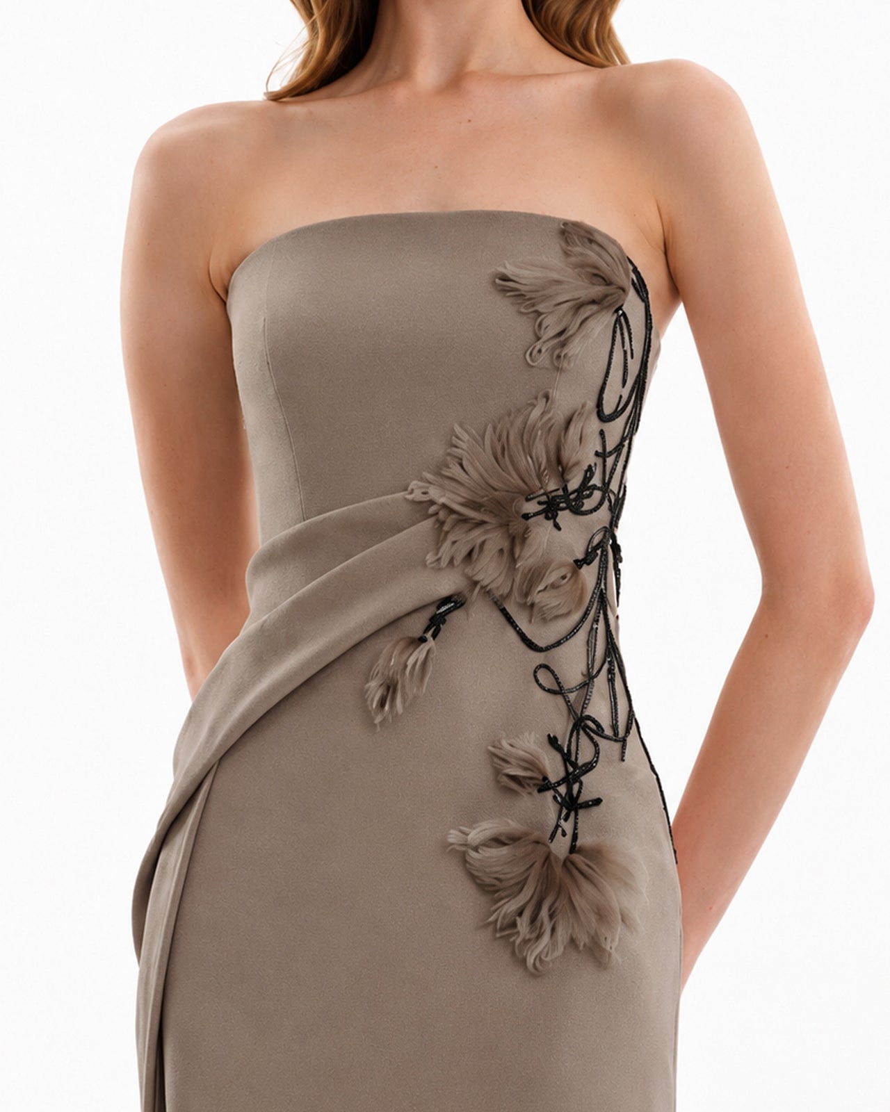 Strapless Draped Dress with Beaded Floral Detail