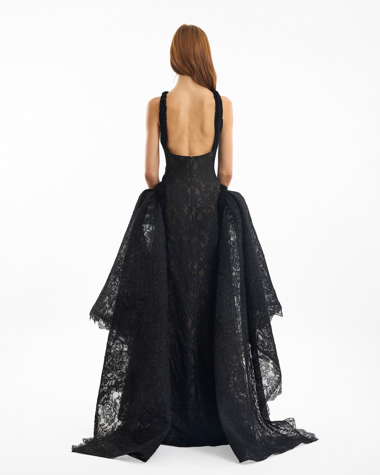 Black lace evening gown on a white background