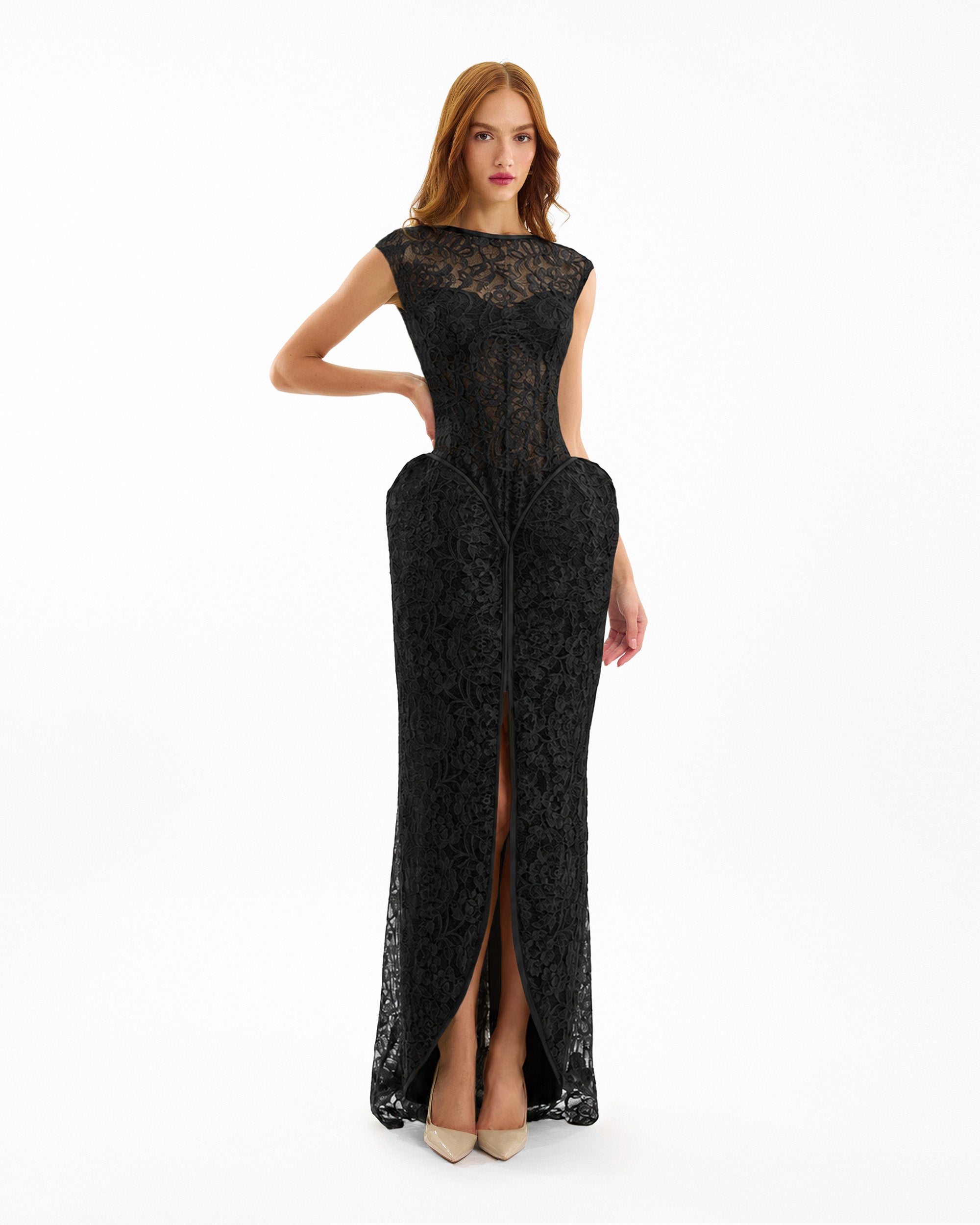 Sculpted Lace Dress with Sheer Bodice