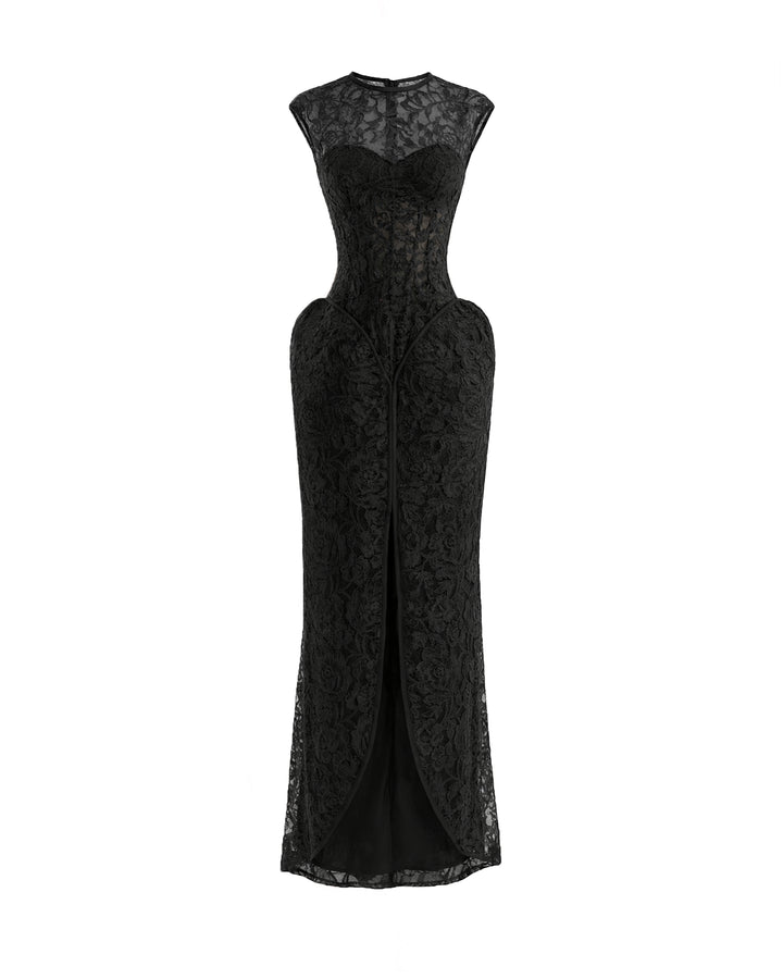 Sculpted Lace Dress with Sheer Bodice