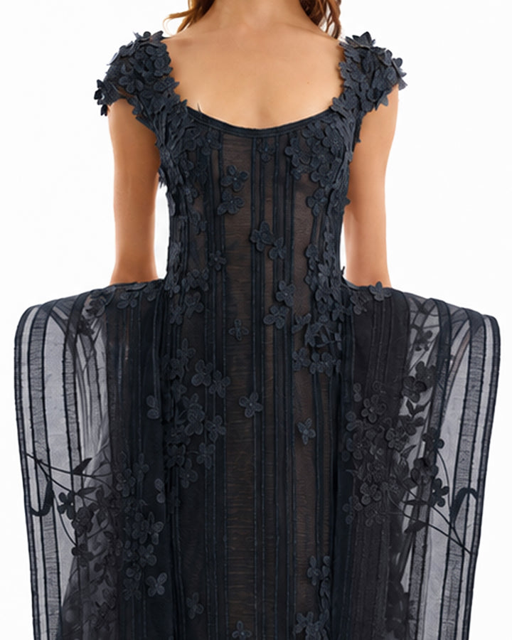 Floral Embroidered Dress with Cap Sleeves