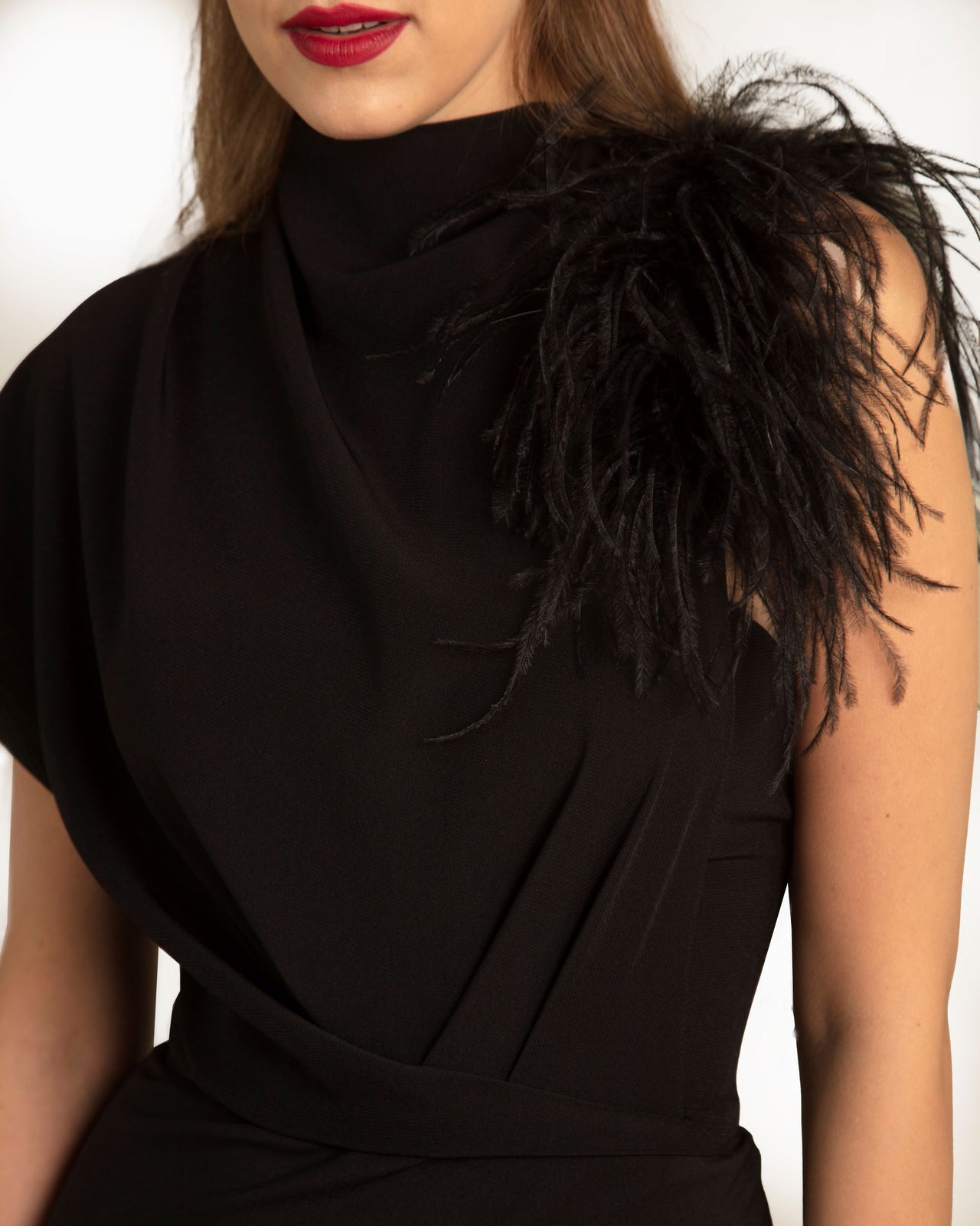 Asymmetrical Feathered Crepe Dress
