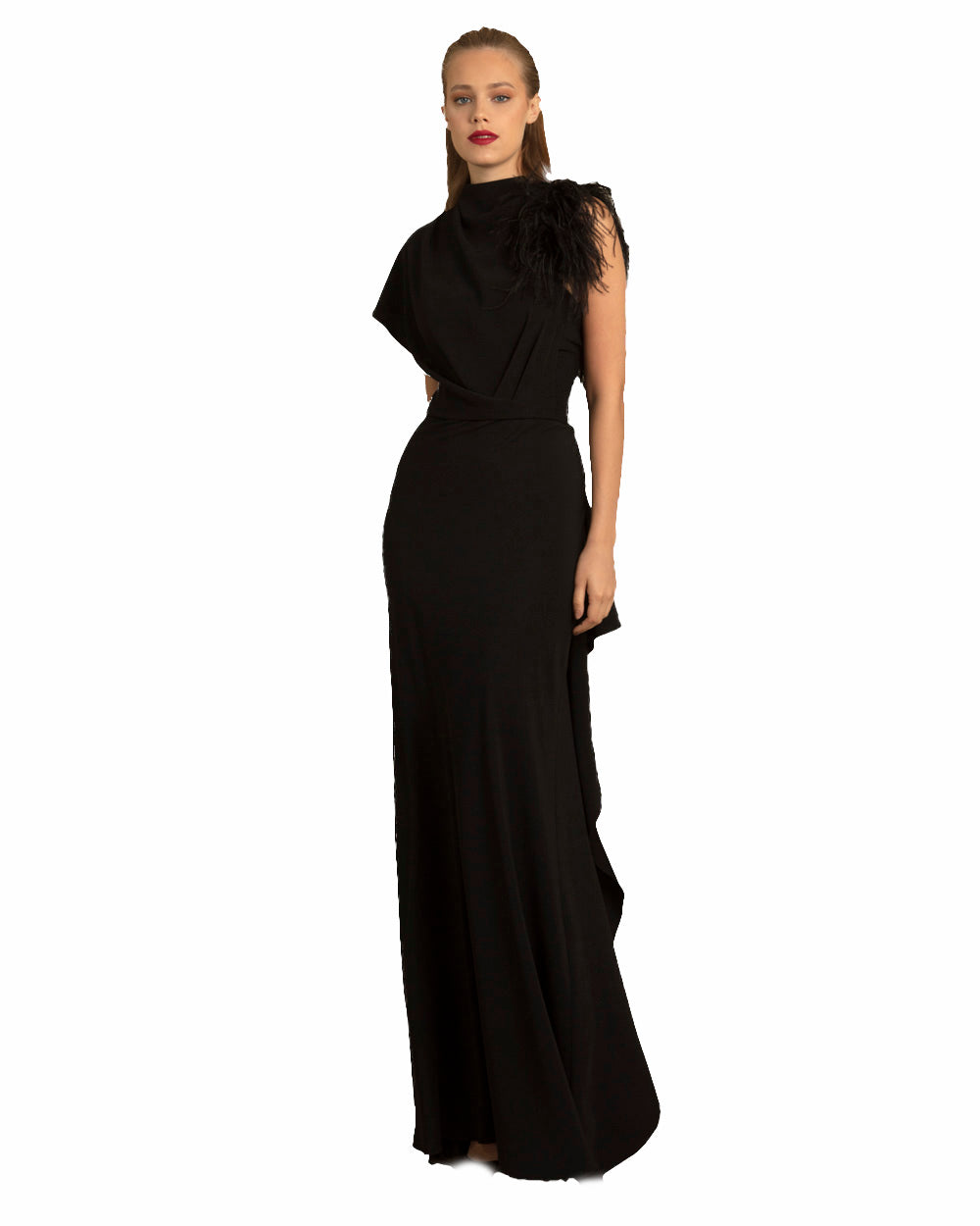 Asymmetrical Feathered Crepe Dress