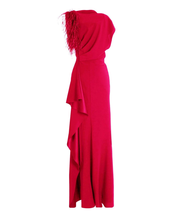 Red Asymmetrical Feathered Crepe Dress - Gemy Maalouf