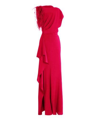 Red Asymmetrical Feathered Crepe Dress