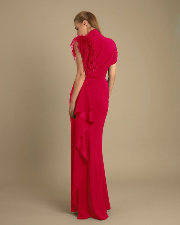 Red Asymmetrical Feathered Crepe Dress - Gemy Maalouf