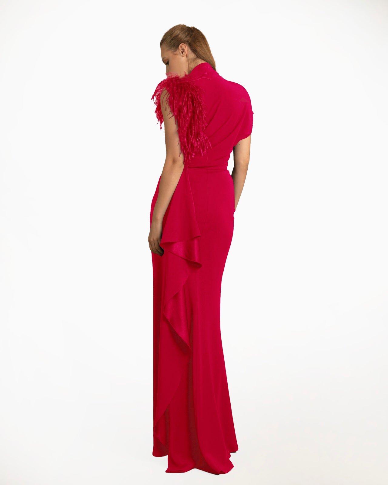 Red Asymmetrical Feathered Crepe Dress – Gemy Maalouf