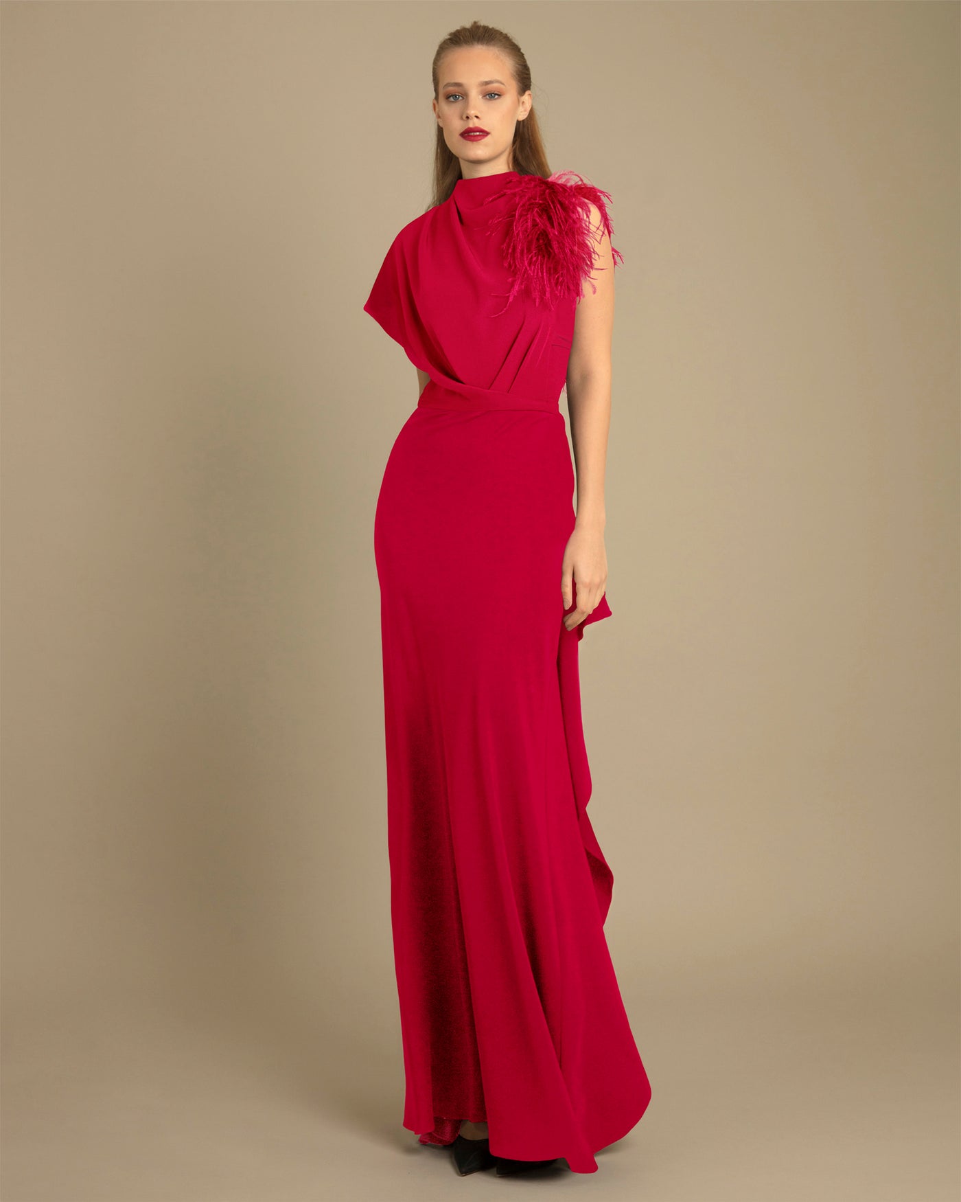 Red Asymmetrical Feathered Crepe Dress