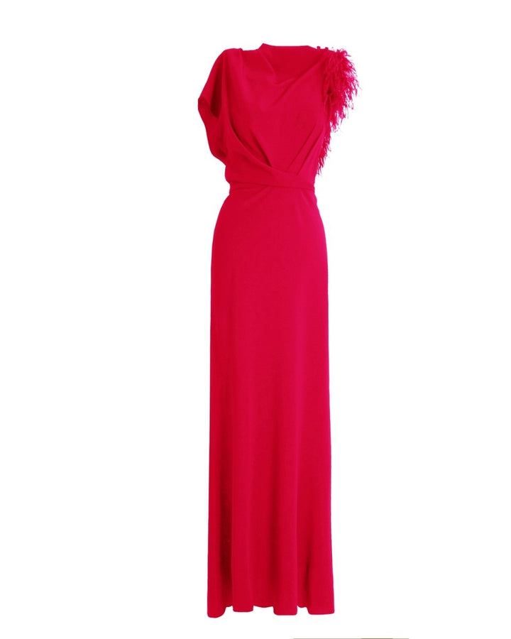 Red Asymmetrical Feathered Crepe Dress - Gemy Maalouf