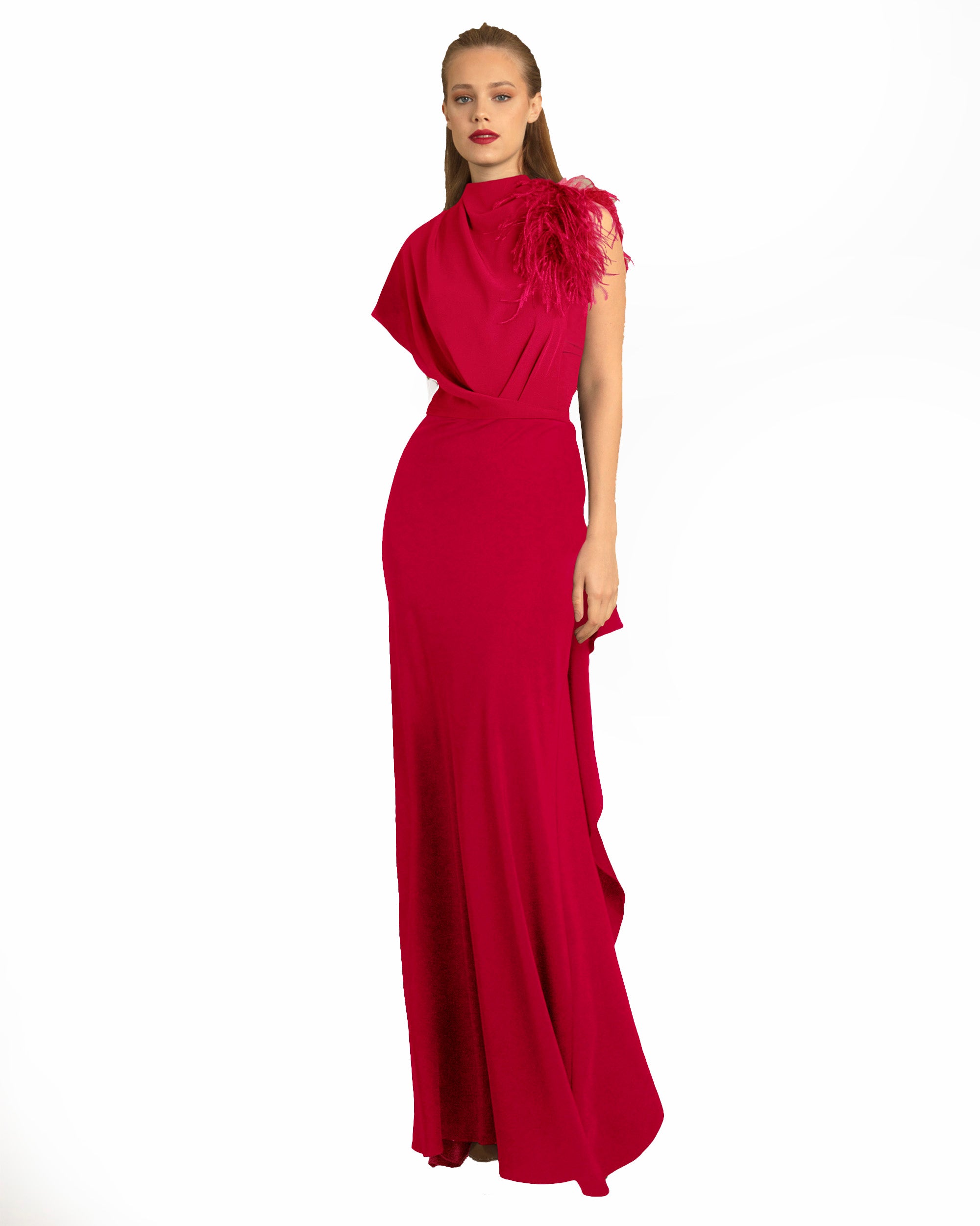 Red Asymmetrical Feathered Crepe Dress