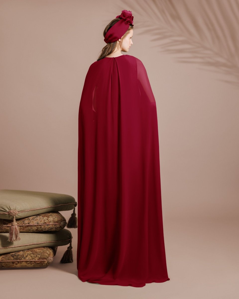 Red Draped Chiffon Kaftan - Gemy Maalouf