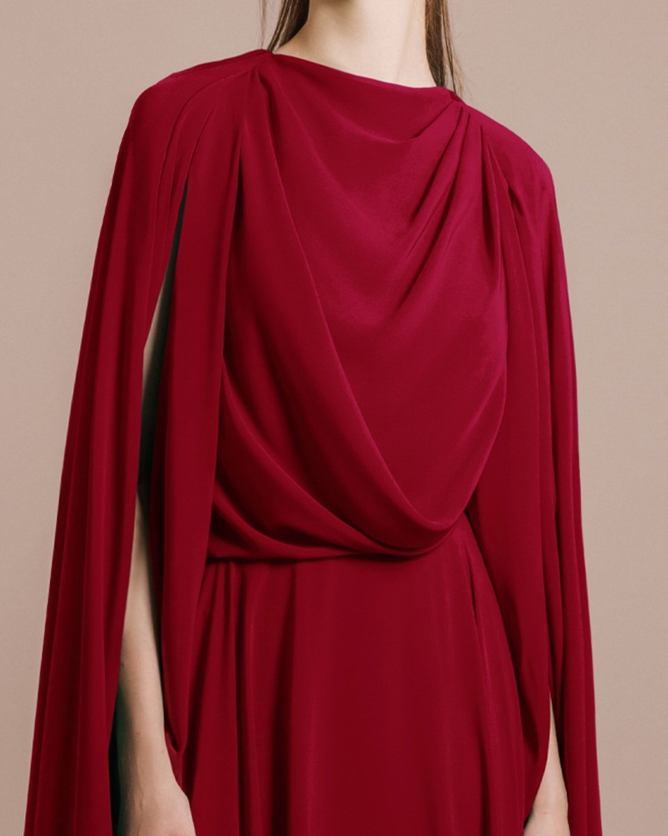 Red Draped Chiffon Kaftan - Gemy Maalouf