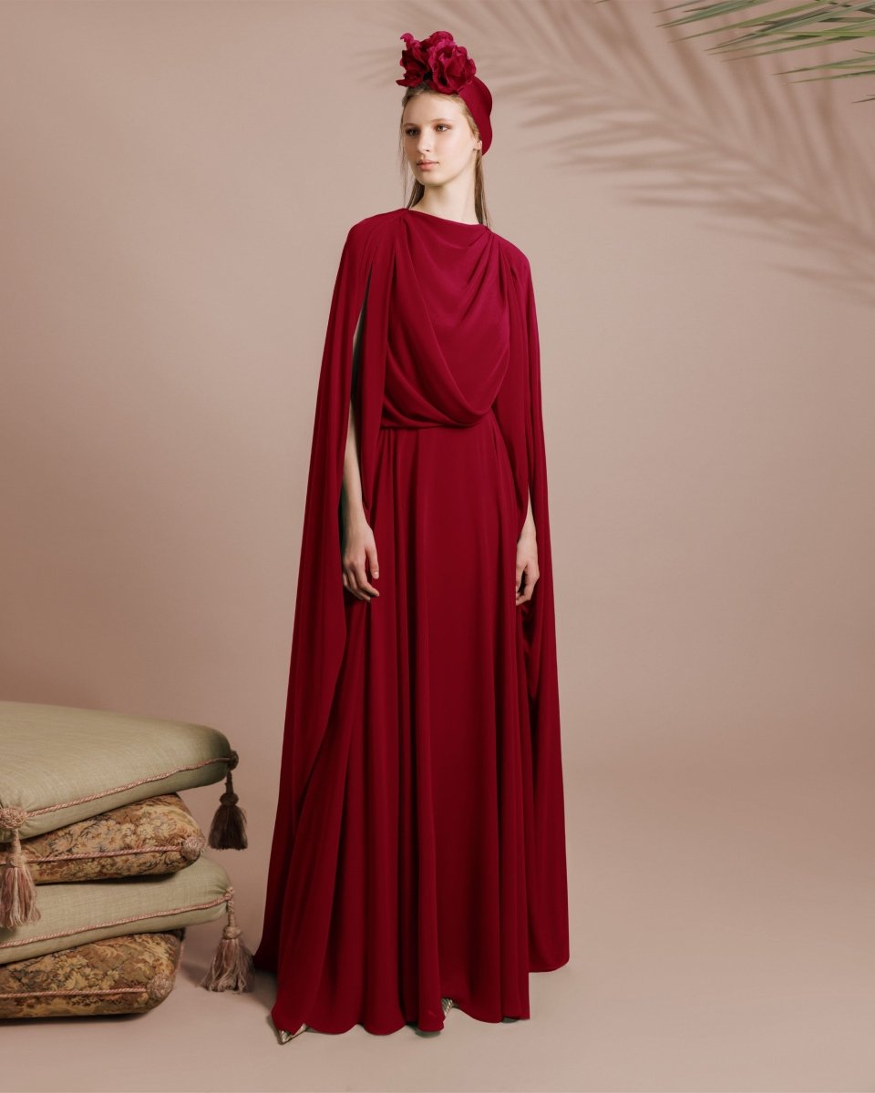 Red Draped Chiffon Kaftan - Gemy Maalouf