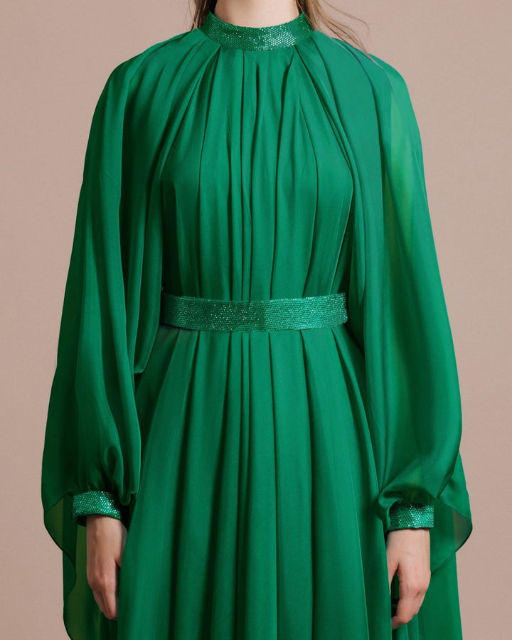 Flared Green Organza Kaftan - Gemy Maalouf