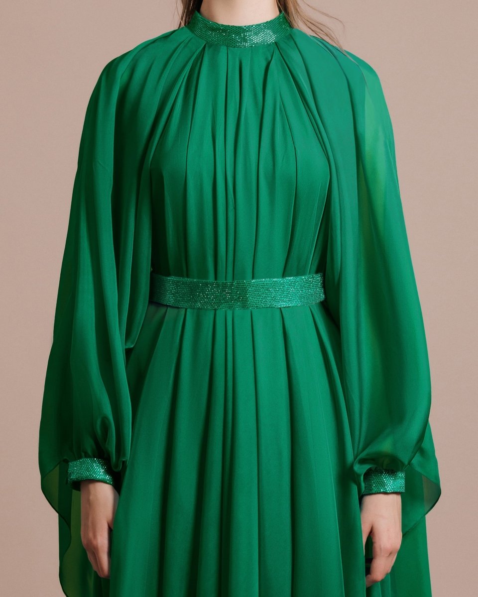 Flared Green Organza Kaftan - Gemy Maalouf