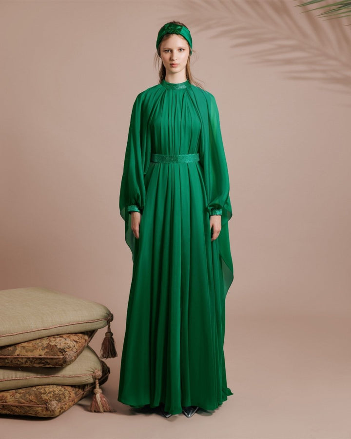 Flared Green Organza Kaftan - Gemy Maalouf