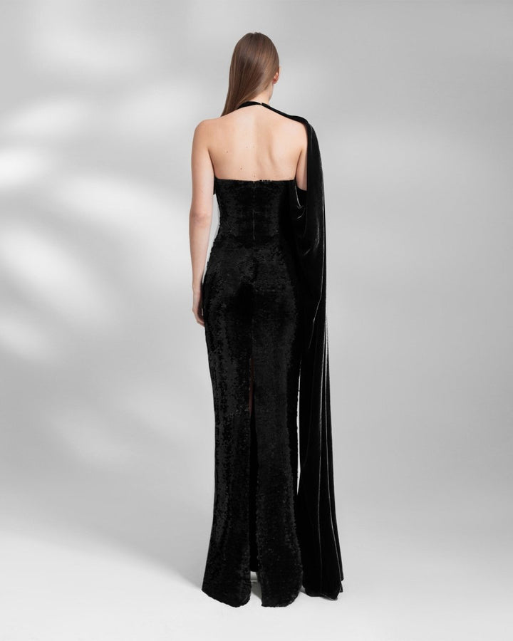 Black Strapless Velvet and Sequined Dress - Gemy Maalouf