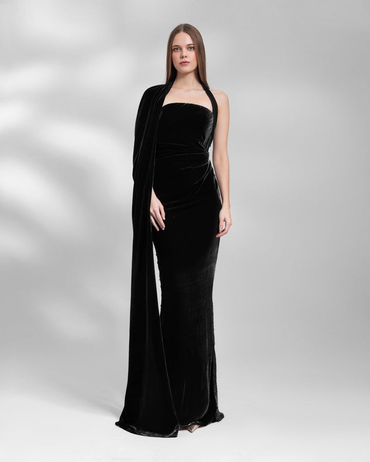 Black Strapless Velvet and Sequined Dress - Gemy Maalouf