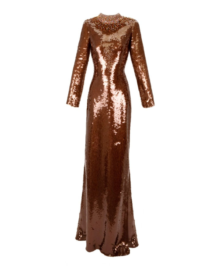 Long Fitted Sequins Coffee Dress - Gemy Maalouf