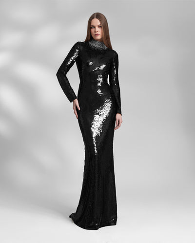 Long Fitted Sequins Black Dress