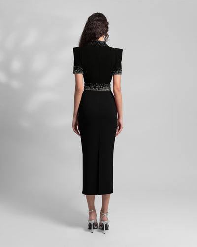 Black Beaded Midi Crepe Dress