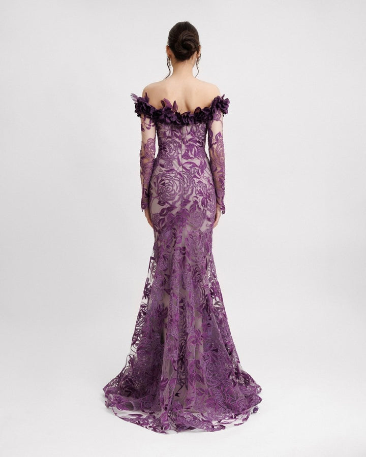 Floral Feathered Off - the - shoulder Dress - Gemy Maalouf
