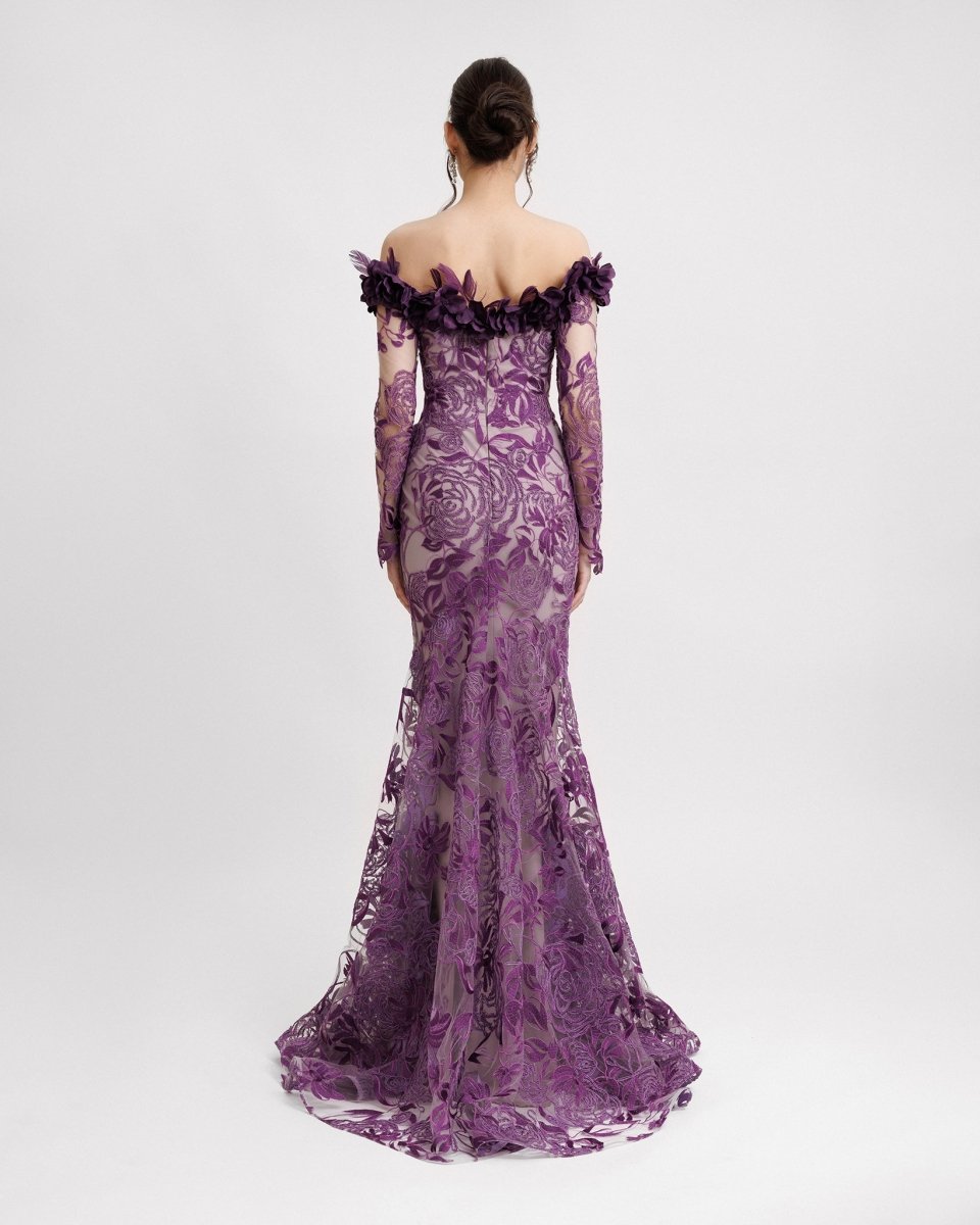 Floral Feathered Off - the - shoulder Dress - Gemy Maalouf