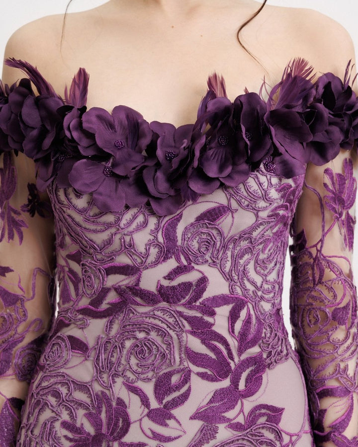 Floral Feathered Off - the - shoulder Dress - Gemy Maalouf