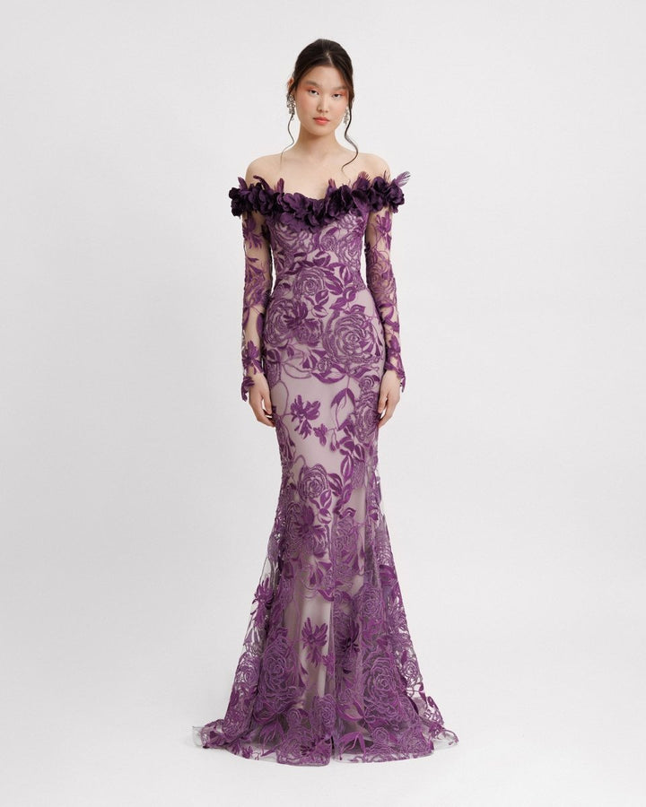 Floral Feathered Off - the - shoulder Dress - Gemy Maalouf