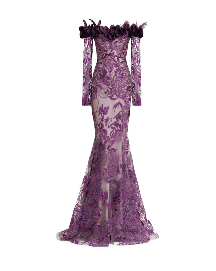 Floral Feathered Off-the-shoulder Dress